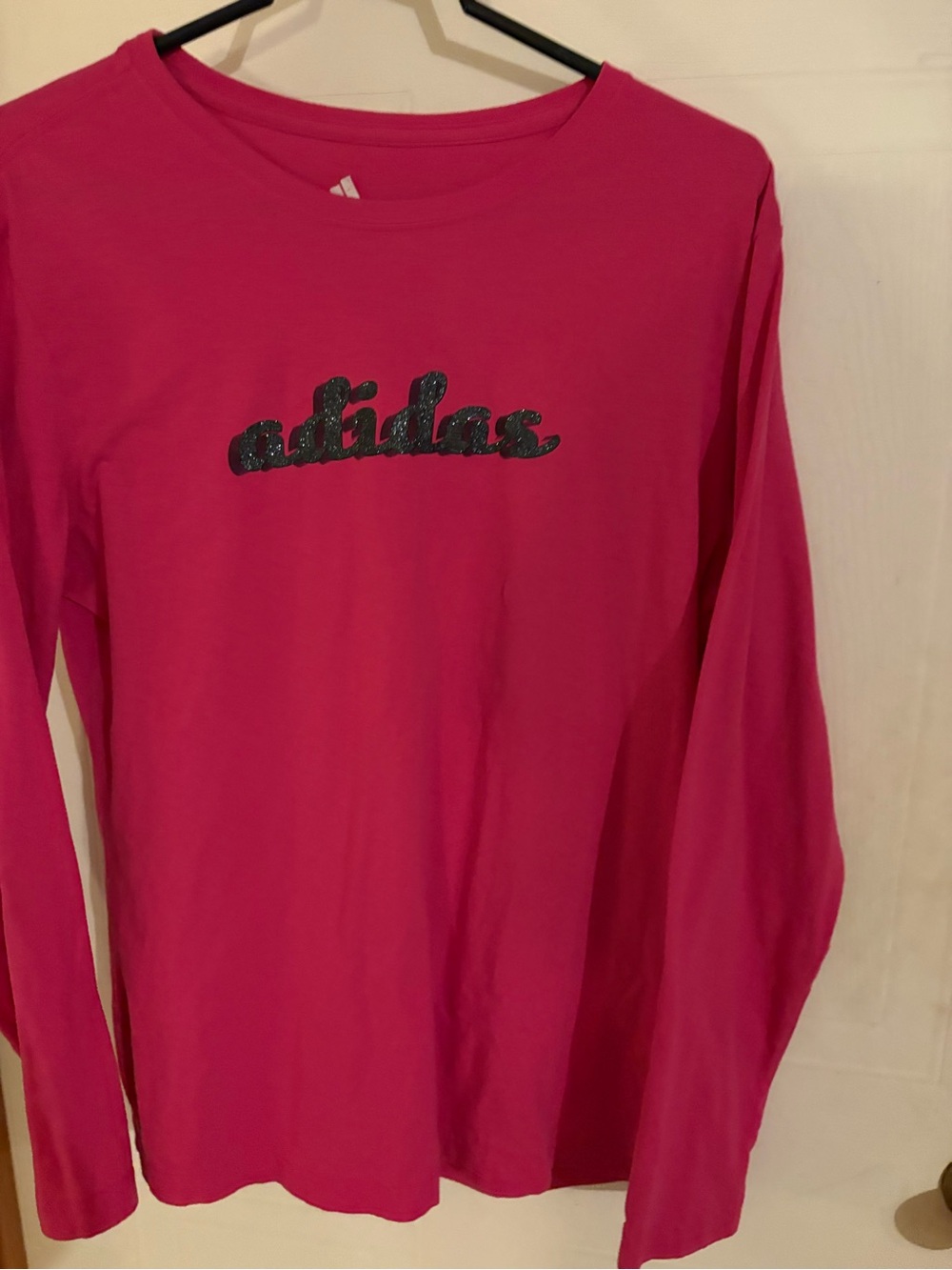 adidas Girls Long Sleeve Tee in Hot Pink with Glitter Logo